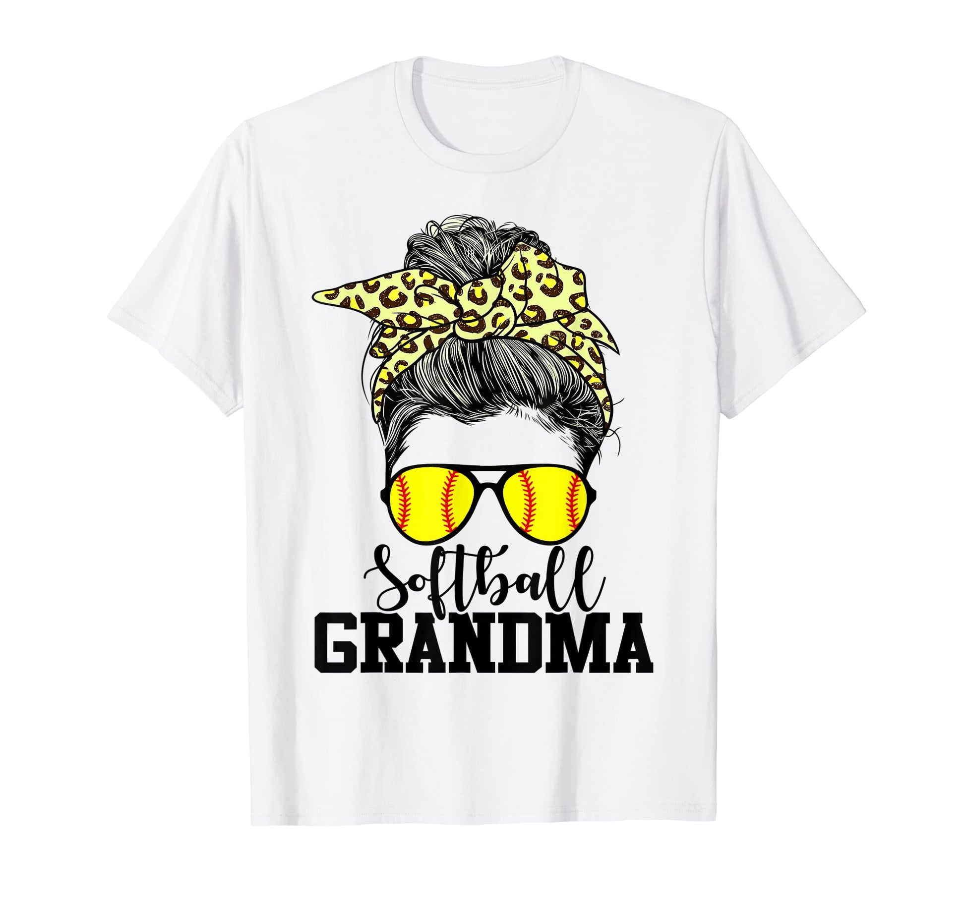 Softball Grandma Messy Bun Leopard T-Shirt - Custom Art Print for Adults - T-Shirt, Sweatshirt, Hoodie