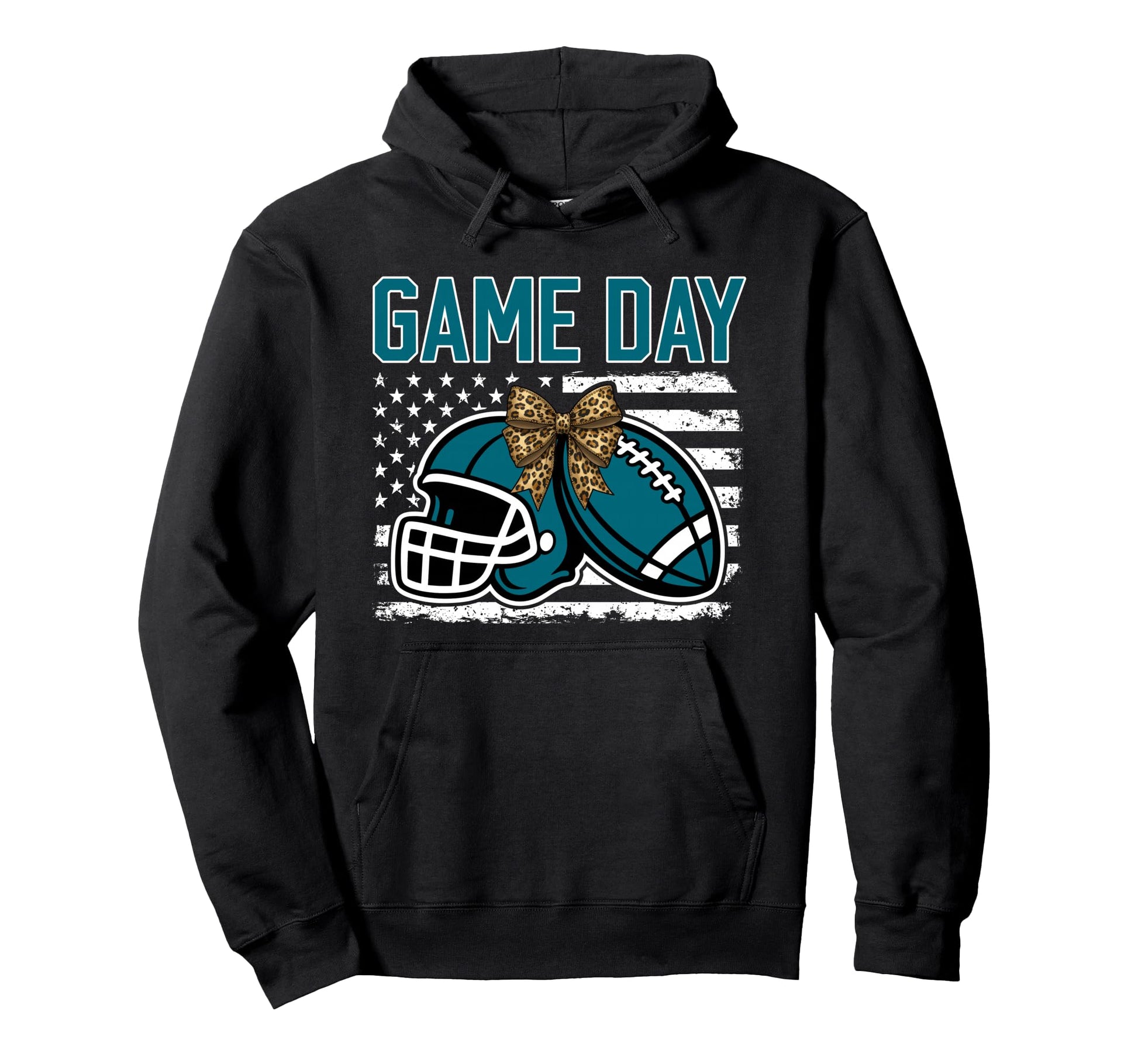 Game Day Football Bow Teal Mom Mama Hoodie - Unique Graphic Unisex - T-Shirt, Sweatshirt, Hoodie