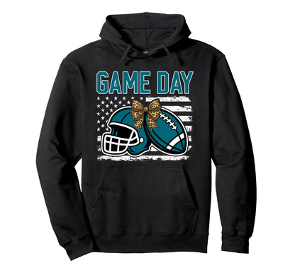 Game Day Football Bow Teal Mom Mama Hoodie - Unique Graphic Unisex - T-Shirt, Sweatshirt, Hoodie