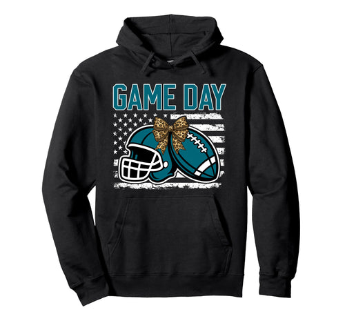 Game Day Football Bow Teal Mom Mama Hoodie - Unique Graphic Unisex - T-Shirt, Sweatshirt, Hoodie