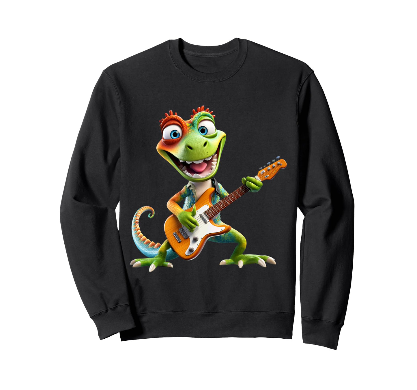 Cartoon Lizard Rocker Playing Sweatshirt - Minimalist Print for Adults - T-Shirt, Sweatshirt, Hoodie
