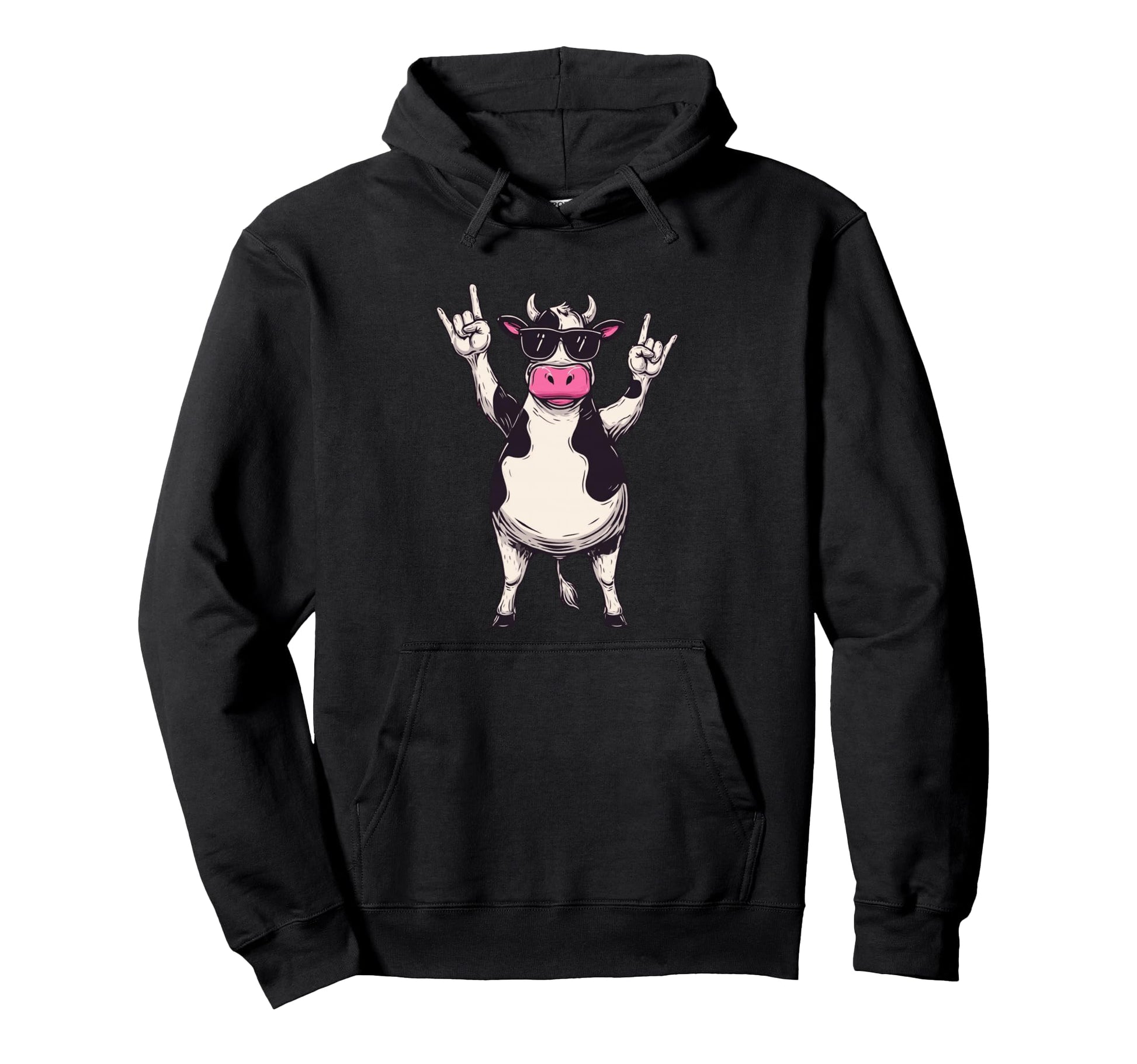 Cow Sunglasses Double Rock Hand Signs Hoodie - Minimalist Print for Adults - T-Shirt, Sweatshirt, Hoodie