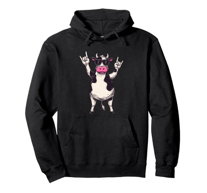 Cow Sunglasses Double Rock Hand Signs Hoodie - Minimalist Print for Adults - T-Shirt, Sweatshirt, Hoodie