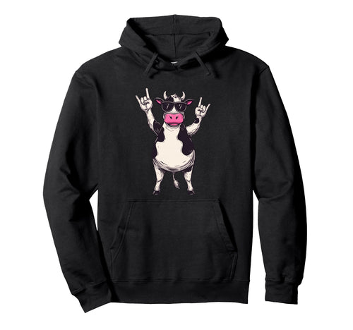Cow Sunglasses Double Rock Hand Signs Hoodie - Minimalist Print for Adults - T-Shirt, Sweatshirt, Hoodie