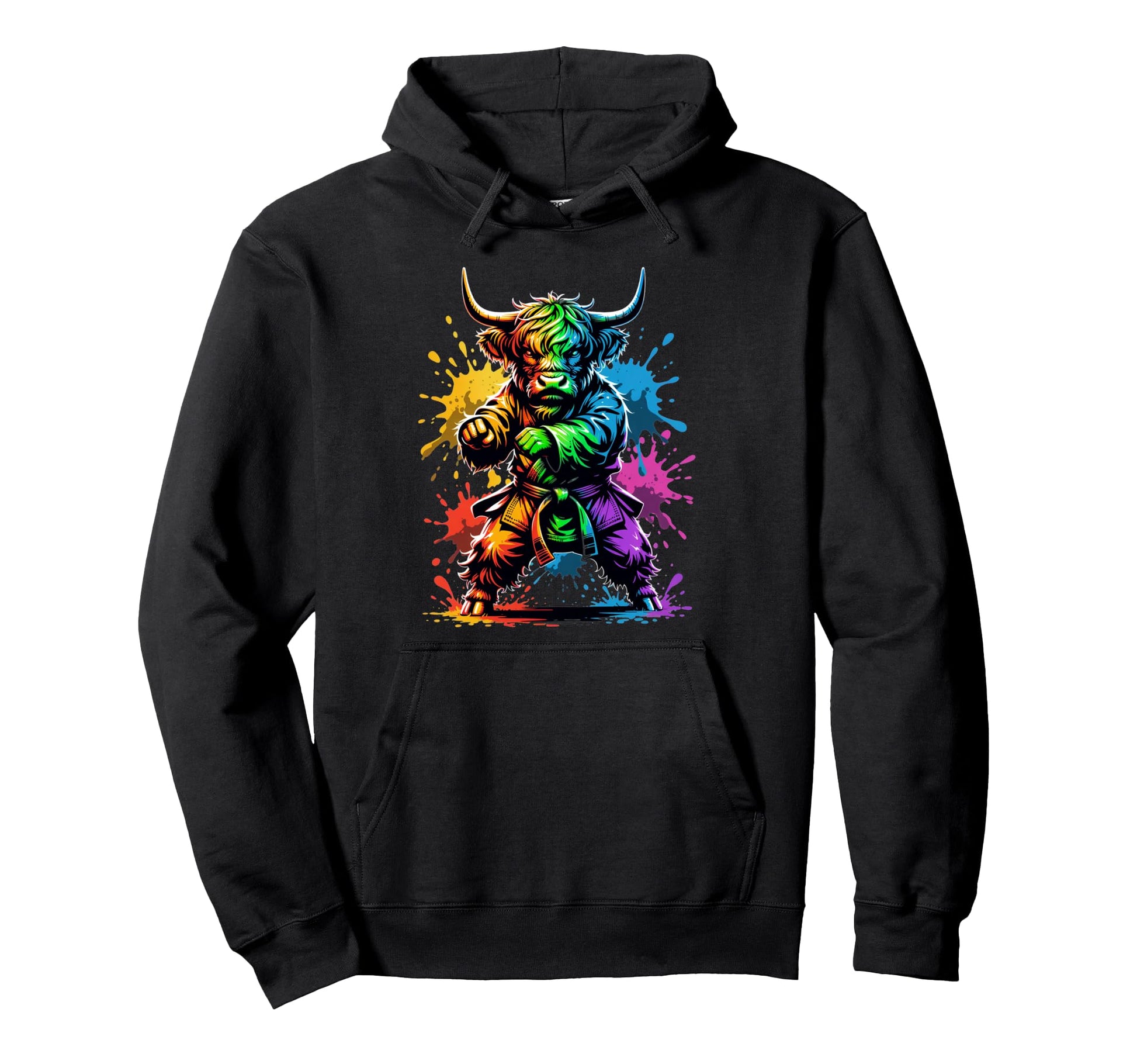 Rainbow Highland Cow Karate Funny Hoodie - Trendy Graphic for Adults - T-Shirt, Sweatshirt, Hoodie