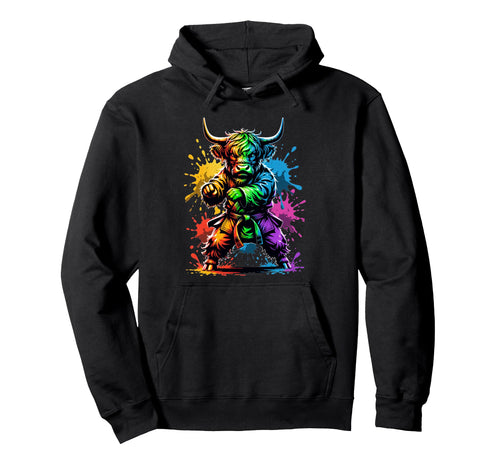 Rainbow Highland Cow Karate Funny Hoodie - Trendy Graphic for Adults - T-Shirt, Sweatshirt, Hoodie
