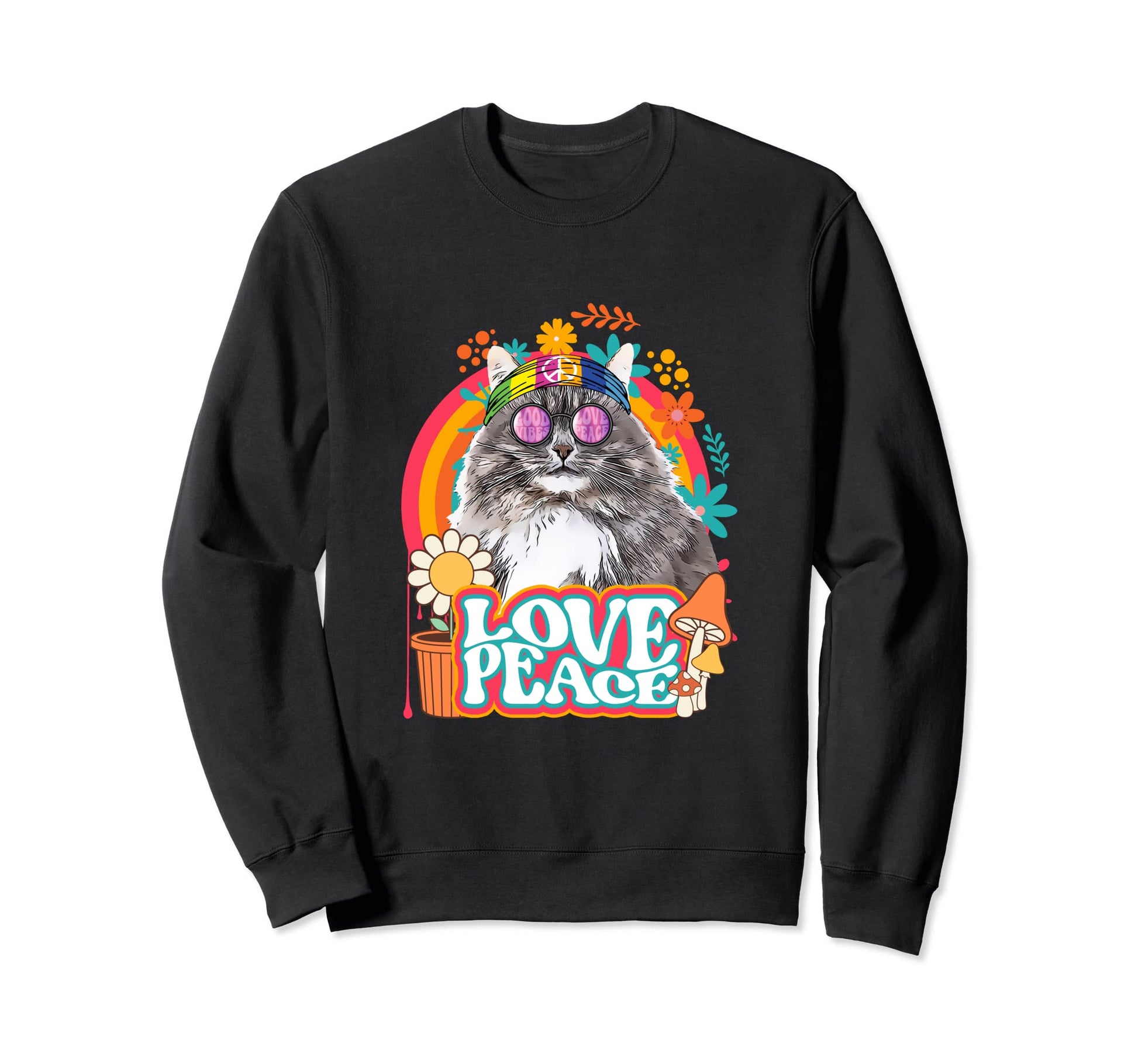 Hippie Cat Rainbow 60S 70S Peace Sweatshirt - Minimalist Print for Adults - T-Shirt, Sweatshirt, Hoodie