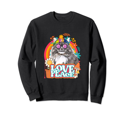 Hippie Cat Rainbow 60S 70S Peace Sweatshirt - Minimalist Print for Adults - T-Shirt, Sweatshirt, Hoodie