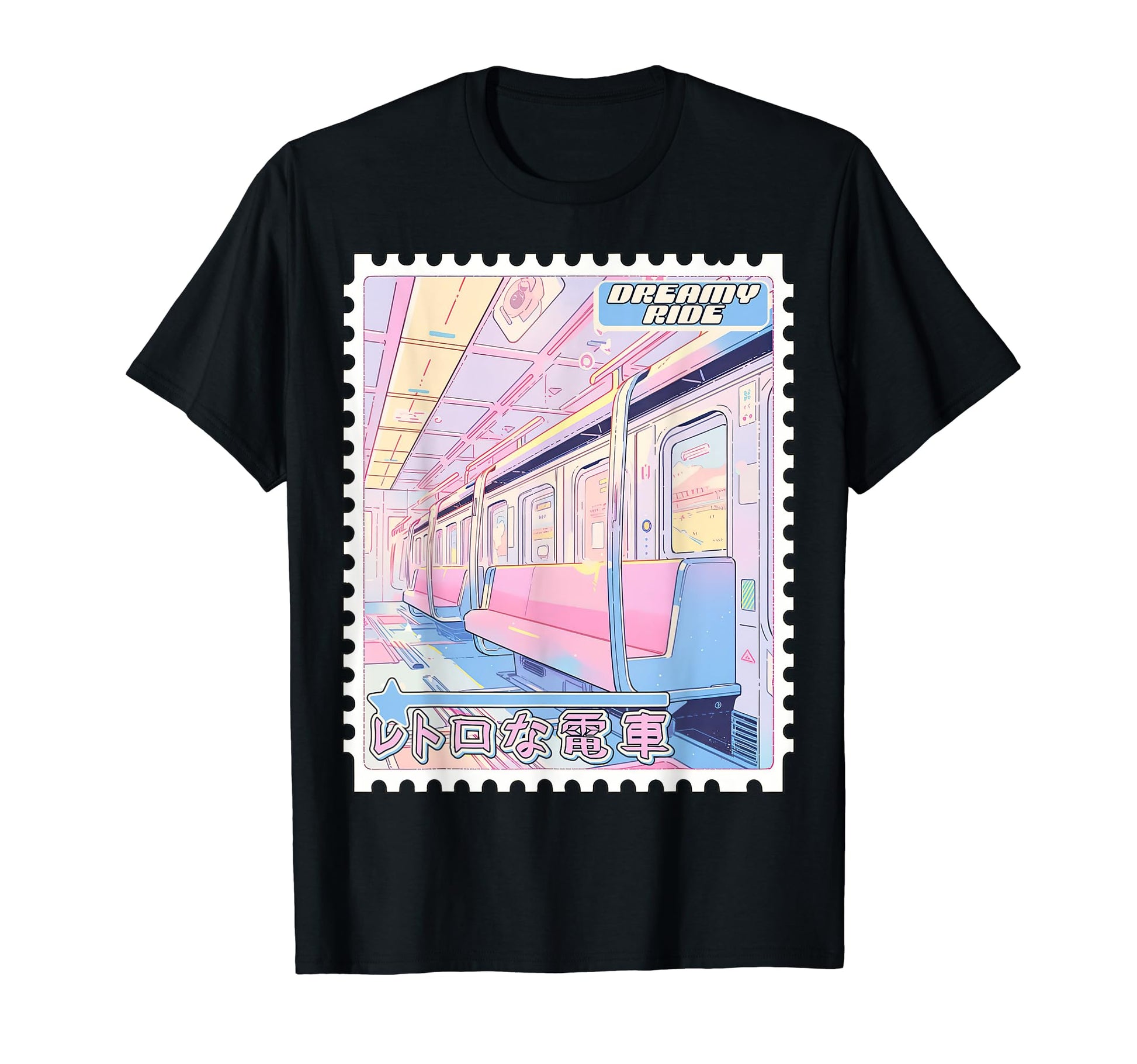 90S Anime Train Postage Stamp Pastel T-Shirt - Trendy Graphic Unisex - T-Shirt, Sweatshirt, Hoodie