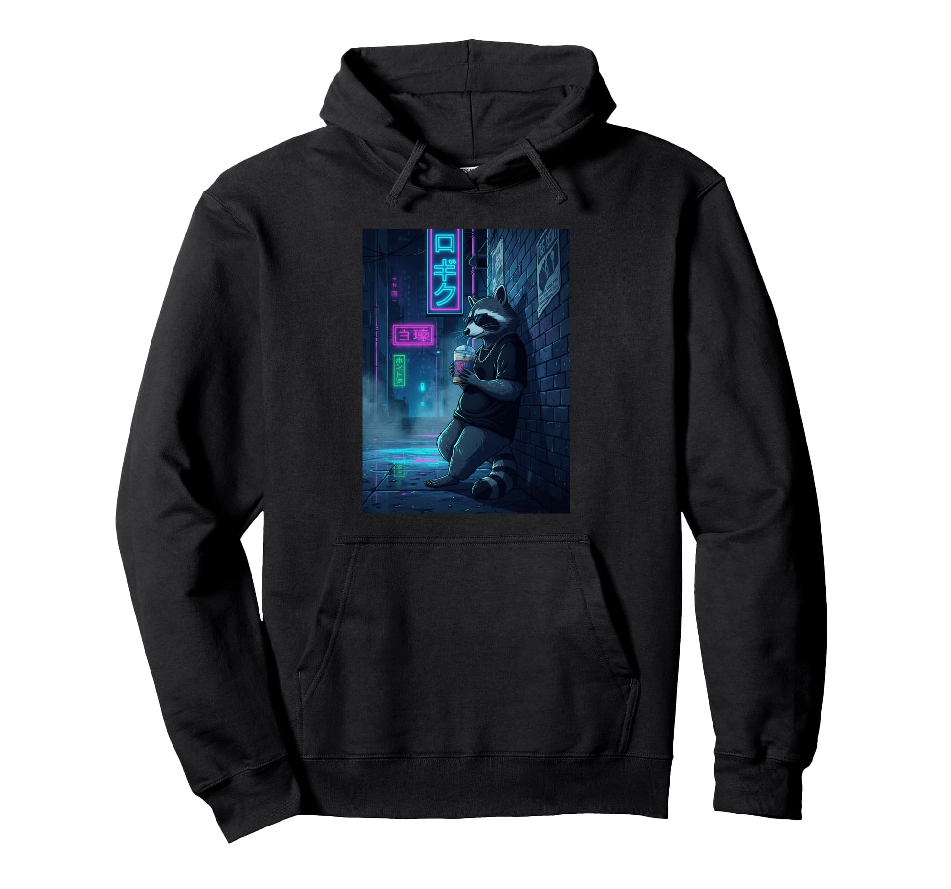 Raccoon Drinking Iced Coffee Japan Hoodie - Novelty Apparel for Adults - T-Shirt, Sweatshirt, Hoodie