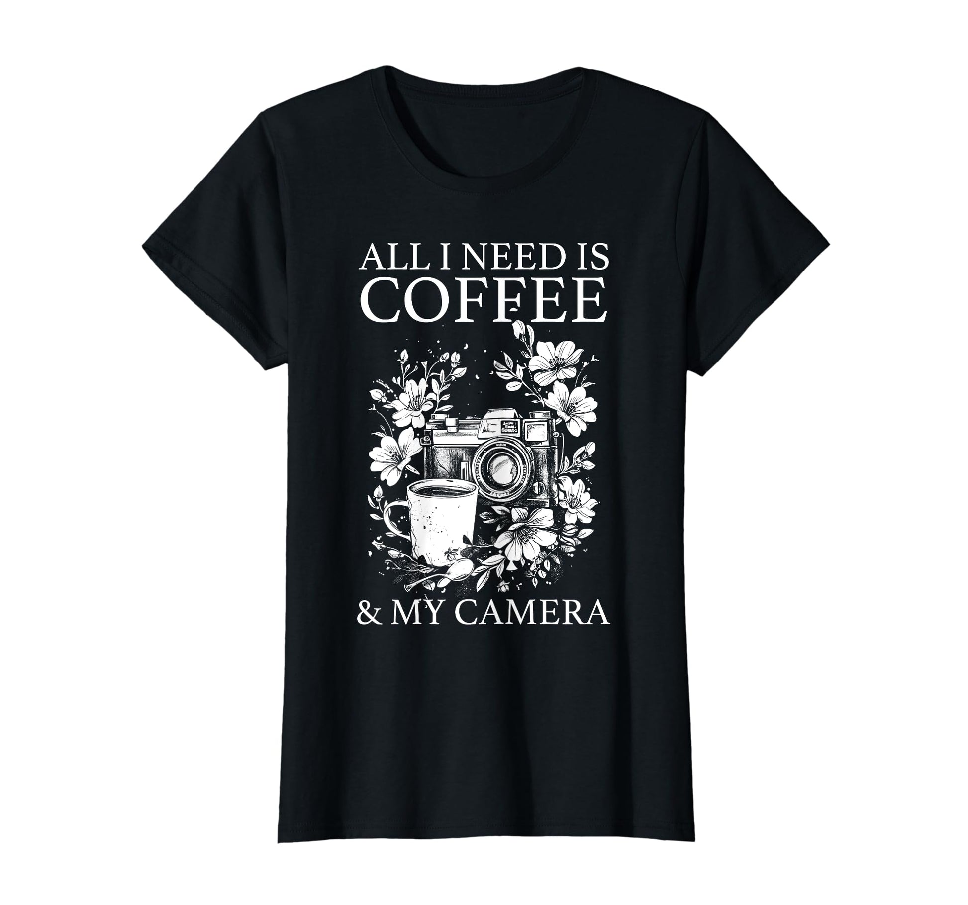 Photographer Coffee Camera Flowers T-Shirt - Aesthetic Graphic for Adults - T-Shirt, Sweatshirt, Hoodie