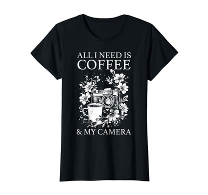 Photographer Coffee Camera Flowers T-Shirt - Aesthetic Graphic for Adults - T-Shirt, Sweatshirt, Hoodie