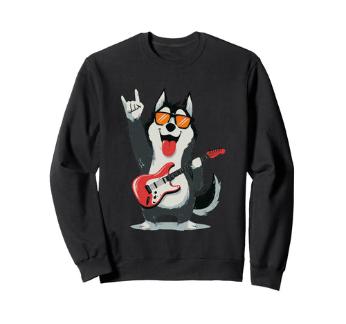 Funny Husky Dog Rock Music Guitar Sweatshirt - Novelty Apparel Men Women - T-Shirt, Sweatshirt, Hoodie