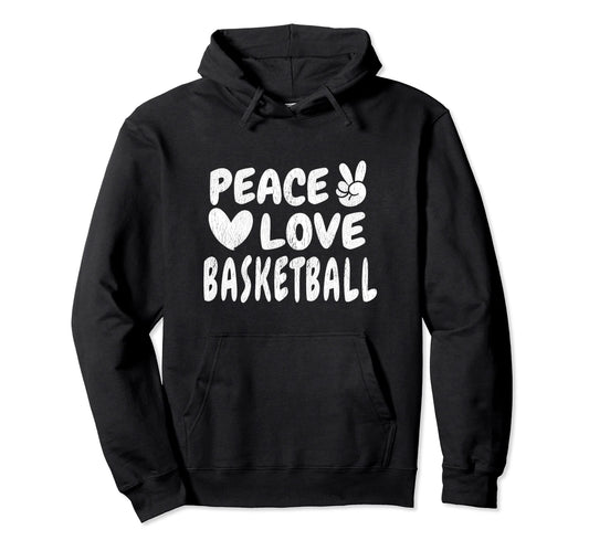Peace Love Basketball Groovy 60S 70S Hippie Hoodie - Unique Graphic Unisex - T-Shirt, Sweatshirt, Hoodie