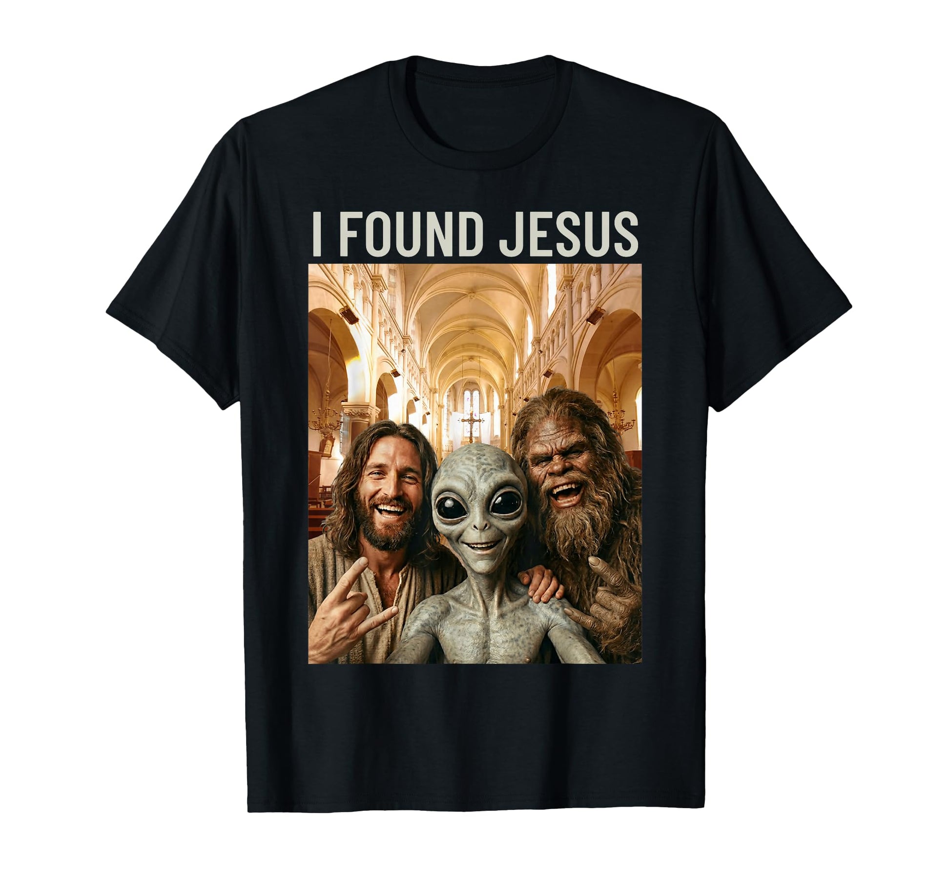 Funny Bigfoot Alien Jesus Rock Hand T-Shirt - Aesthetic Graphic Men Women - T-Shirt, Sweatshirt, Hoodie