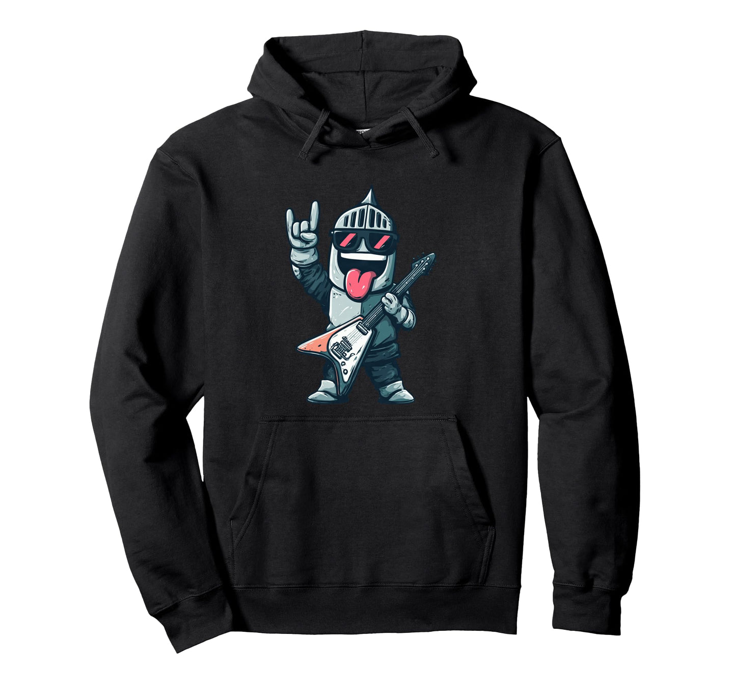 Funny Cartoon Knight Guitar Player Rock Hoodie - Unique Graphic for Adults - T-Shirt, Sweatshirt, Hoodie