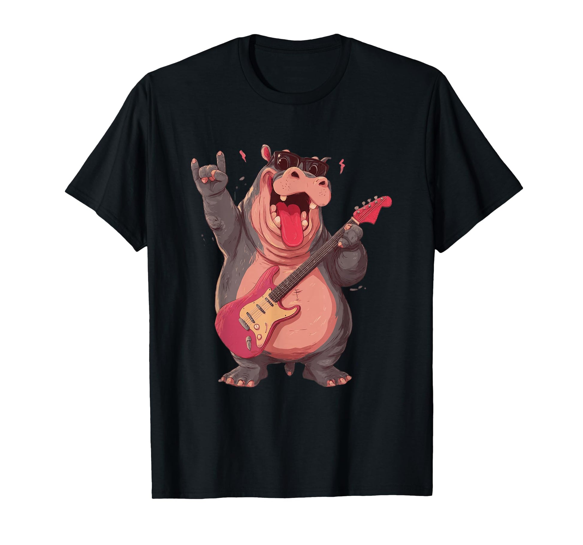 Funny Hippo Guitar Player Animal Rock T-Shirt - Unique Graphic Men Women - T-Shirt, Sweatshirt, Hoodie