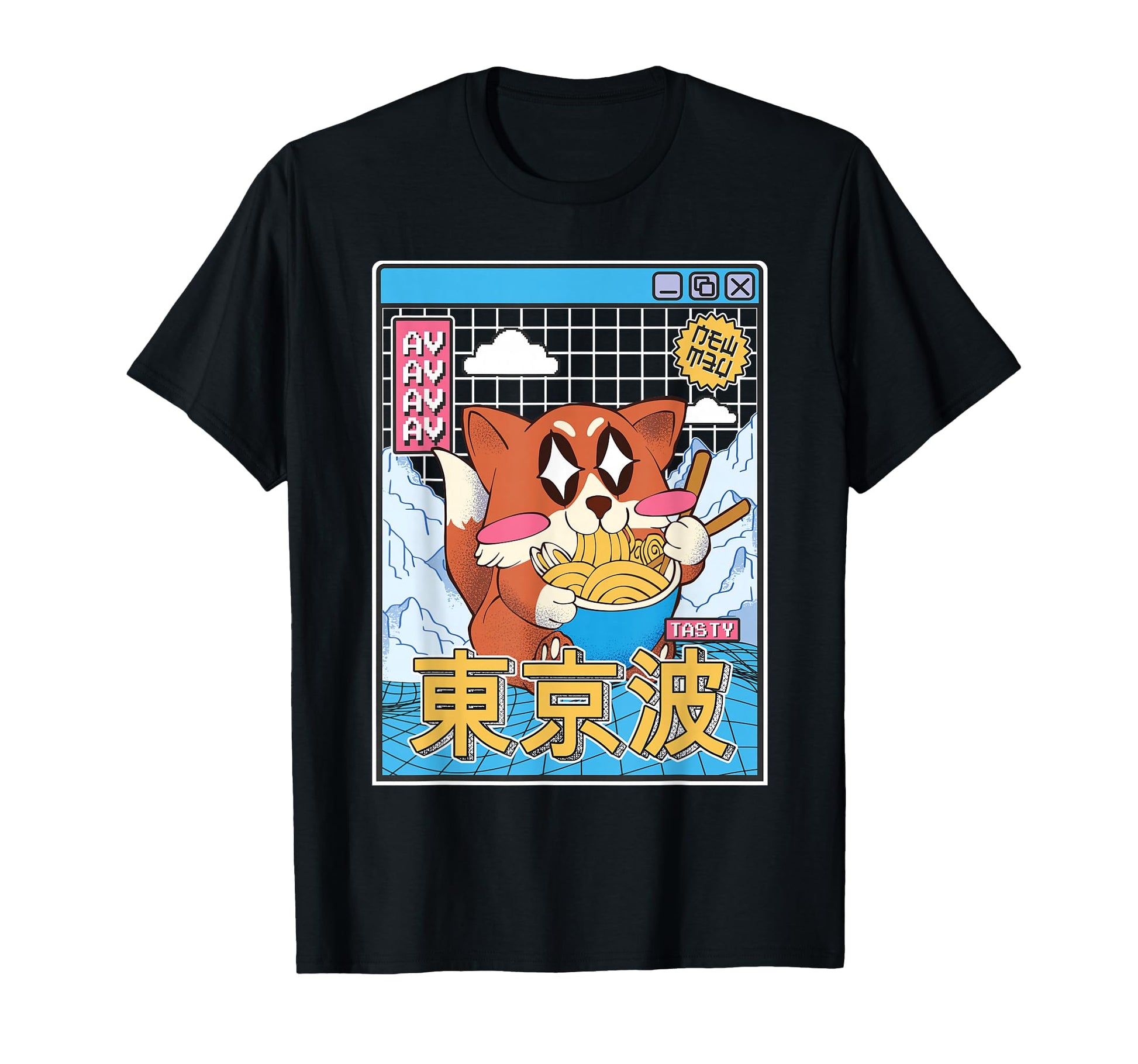 Happy Fox Eating Ramen Vaporwave Aesthetic T-Shirt - Trendy Graphic Unisex - T-Shirt, Sweatshirt, Hoodie