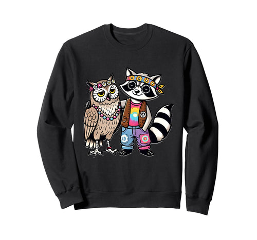 Hippie Owl And Raccoon Night Sweatshirt - Aesthetic Graphic for Adults - T-Shirt, Sweatshirt, Hoodie