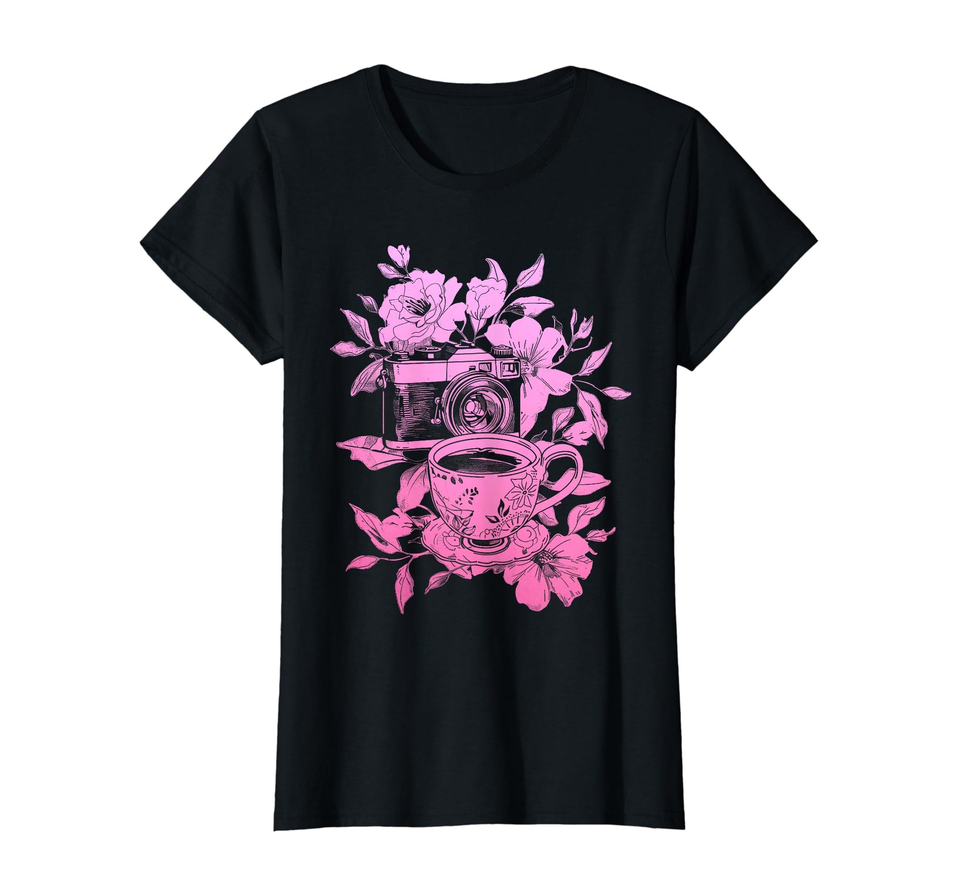 Photographer Coffee Camera Flowers T-Shirt - Custom Art Print Men Women - T-Shirt, Sweatshirt, Hoodie