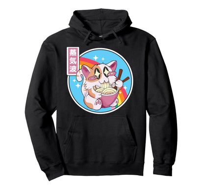 Happy Cat Eating Ramen Japan Otaku 80S Hoodie - Graphic Print Men Women - T-Shirt, Sweatshirt, Hoodie