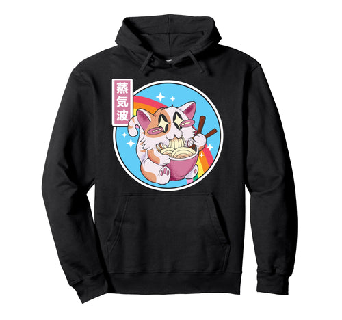 Happy Cat Eating Ramen Japan Otaku 80S Hoodie - Graphic Print Men Women - T-Shirt, Sweatshirt, Hoodie