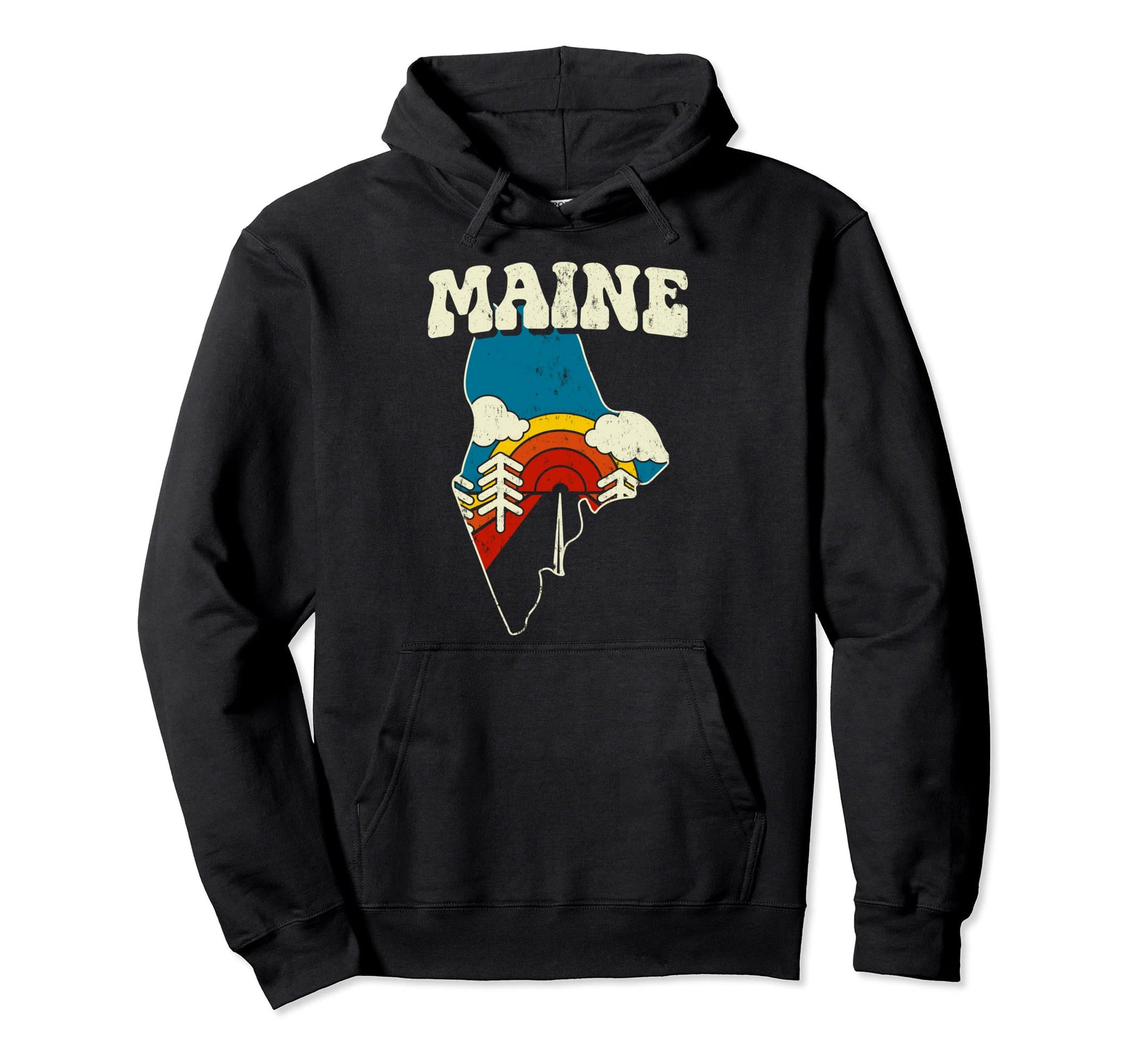 Maine State Rainbow Hippie 70S Map Hoodie - Trendy Graphic for Adults - T-Shirt, Sweatshirt, Hoodie