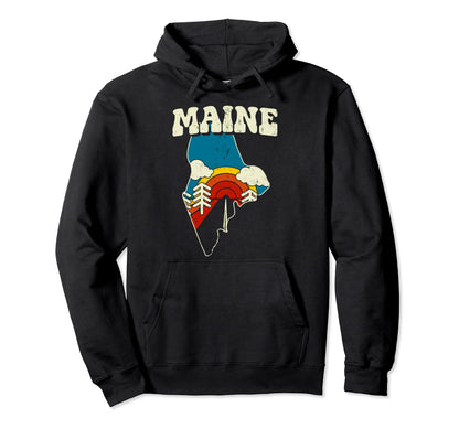 Maine State Rainbow Hippie 70S Map Hoodie - Trendy Graphic for Adults - T-Shirt, Sweatshirt, Hoodie