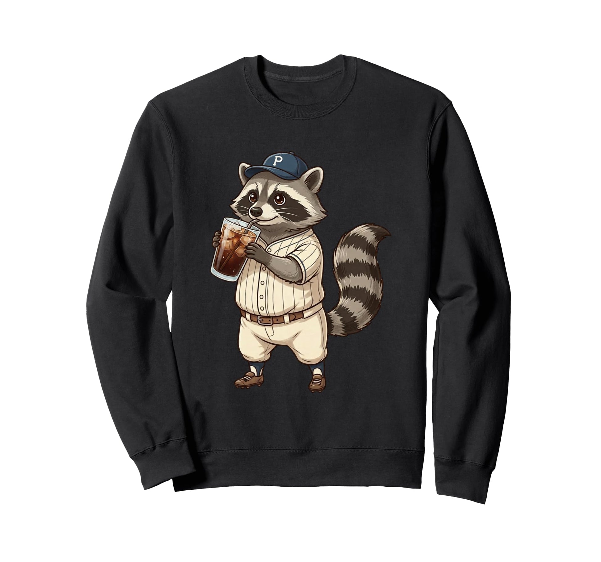 Raccoon Baseball Player Iced Coffee Sweatshirt - Custom Art Print Unisex - T-Shirt, Sweatshirt, Hoodie