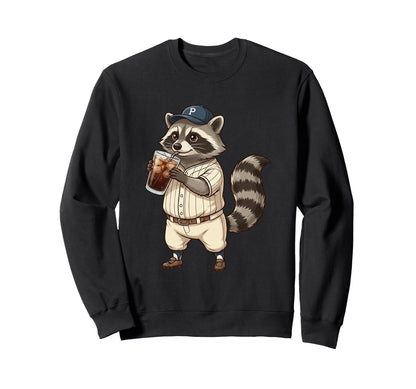 Raccoon Baseball Player Iced Coffee Sweatshirt - Custom Art Print Unisex - T-Shirt, Sweatshirt, Hoodie