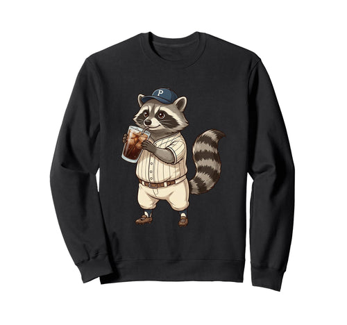 Raccoon Baseball Player Iced Coffee Sweatshirt - Custom Art Print Unisex - T-Shirt, Sweatshirt, Hoodie