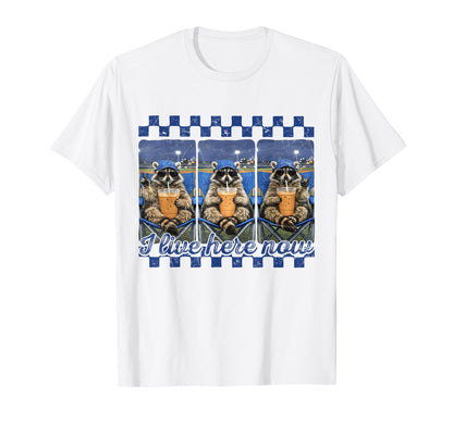 I Live Here Now Baseball Raccoon Meme T-Shirt - Minimalist Print Unisex - T-Shirt, Sweatshirt, Hoodie