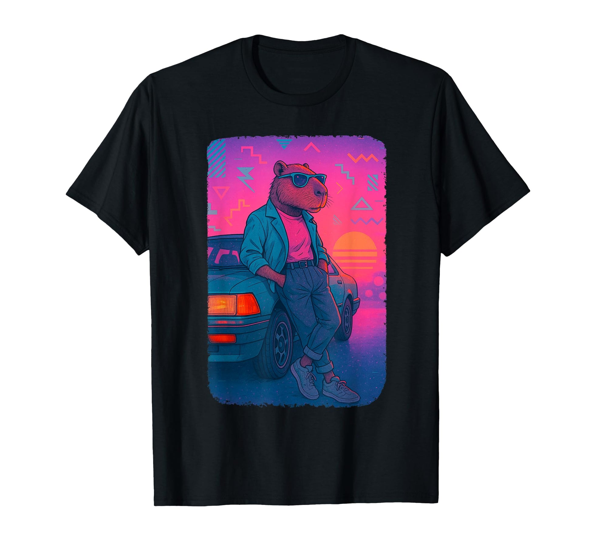 80S Capybara Vaporwave Sunset Aesthetic T-Shirt - Custom Art Print Unisex - T-Shirt, Sweatshirt, Hoodie