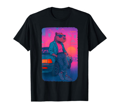 80S Capybara Vaporwave Sunset Aesthetic T-Shirt - Custom Art Print Unisex - T-Shirt, Sweatshirt, Hoodie