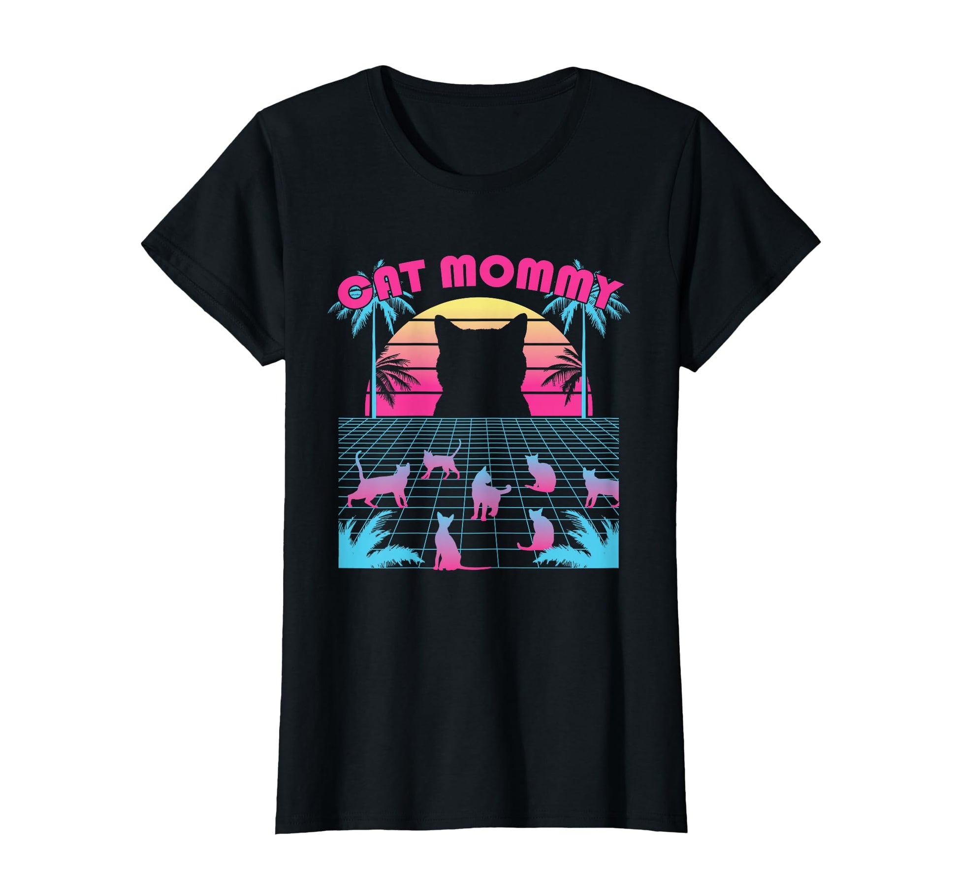 Vaporwave Sunset Palms Aesthetic Cat T-Shirt - Graphic Print for Adults - T-Shirt, Sweatshirt, Hoodie