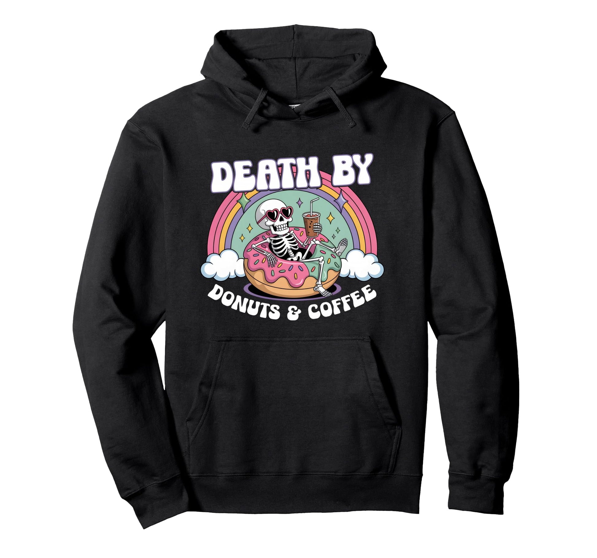 Death Donuts And Coffee Skeleton Hoodie - Unique Graphic for Adults - T-Shirt, Sweatshirt, Hoodie