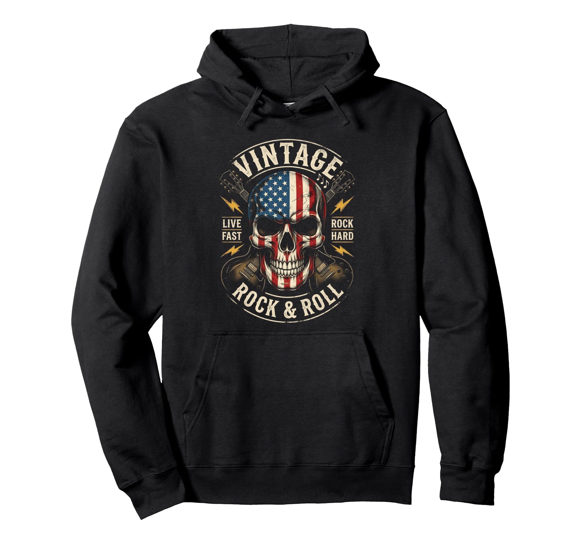 Rock Skull American Flag Guitar Rock Hoodie - Streetwear Style for Adults - T-Shirt, Sweatshirt, Hoodie