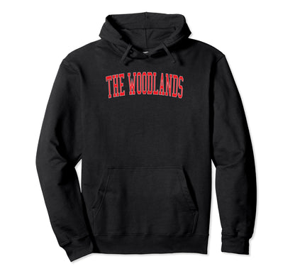 Woodlands Tx Varsity Red Text Hoodie - Trendy Graphic for Adults - T-Shirt, Sweatshirt, Hoodie