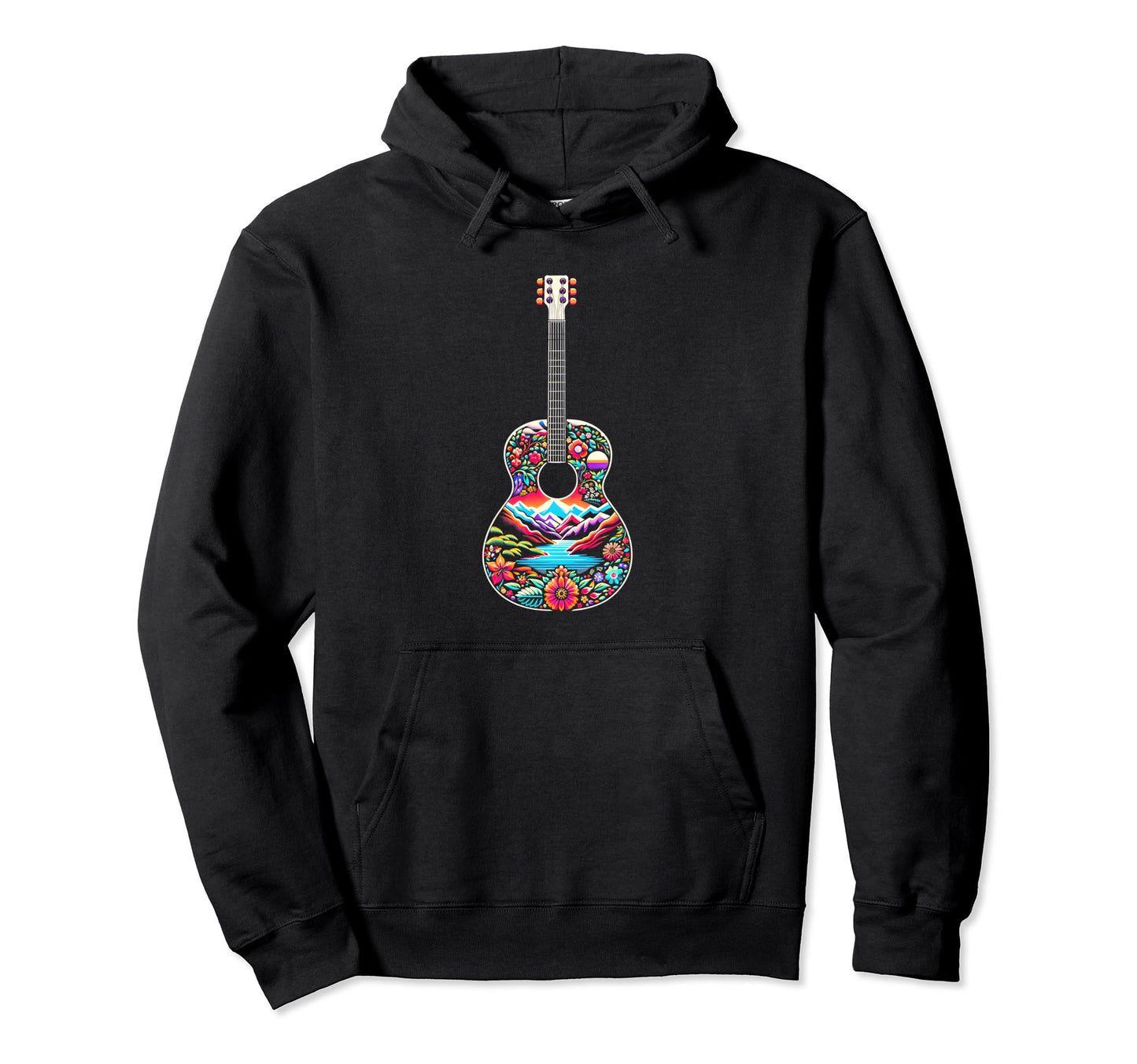 Boho Floral Guitar Mountain Lake Nature Hoodie - Custom Art Print Unisex - T-Shirt, Sweatshirt, Hoodie