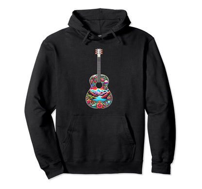 Boho Floral Guitar Mountain Lake Nature Hoodie - Custom Art Print Unisex - T-Shirt, Sweatshirt, Hoodie