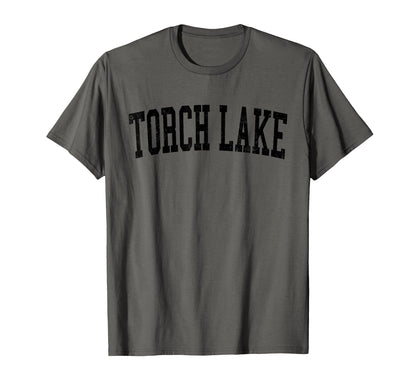 Torch Lake Distressed Black Varsity T-Shirt - Trendy Graphic Men Women - T-Shirt, Sweatshirt, Hoodie