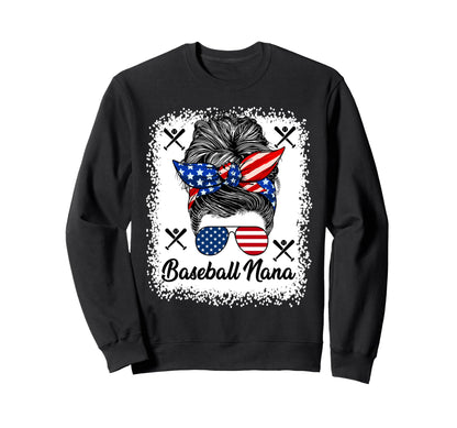 Baseball Nana Messy Bun Usa Flag Glasses Sweatshirt - Graphic Print Unisex - T-Shirt, Sweatshirt, Hoodie