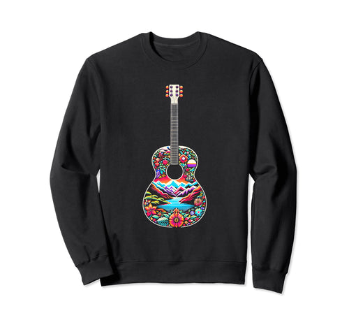Boho Floral Guitar Mountain Lake Nature Sweatshirt - Trendy Graphic Unisex - T-Shirt, Sweatshirt, Hoodie