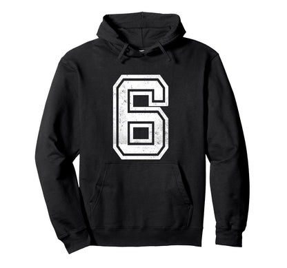 White Distressed Sports Team Number 6 Hoodie - Unique Graphic for Adults - T-Shirt, Sweatshirt, Hoodie