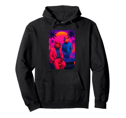 80S Capybara Vaporwave Sunset Aesthetic Hoodie - Unique Graphic Men Women - T-Shirt, Sweatshirt, Hoodie