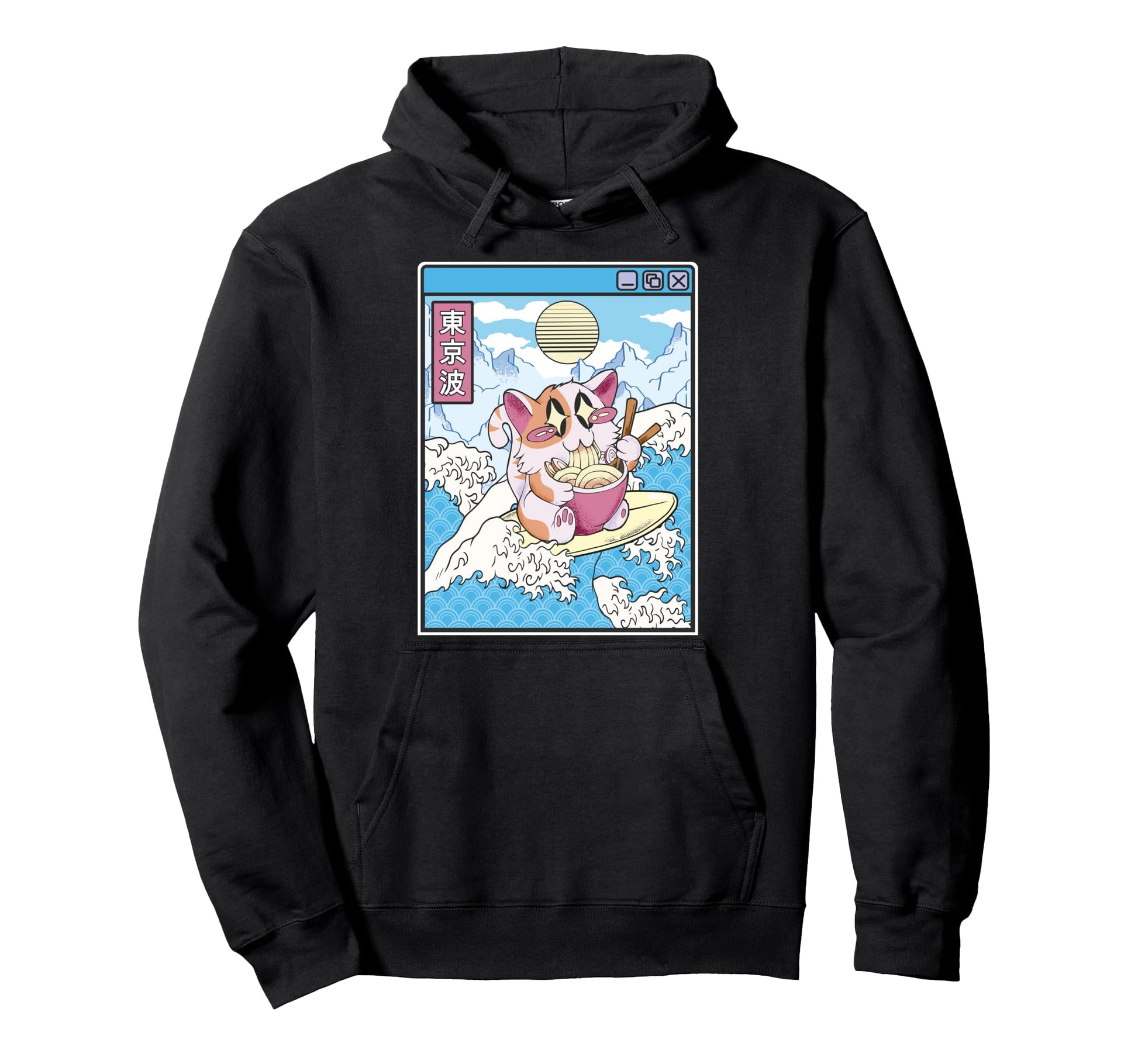 Surfing Cat Eating Ramen Japanese Hoodie - Minimalist Print Men Women - T-Shirt, Sweatshirt, Hoodie