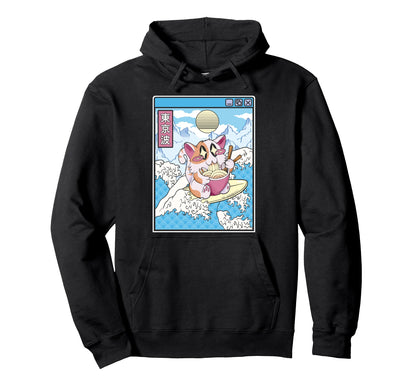 Surfing Cat Eating Ramen Japanese Hoodie - Minimalist Print Men Women - T-Shirt, Sweatshirt, Hoodie