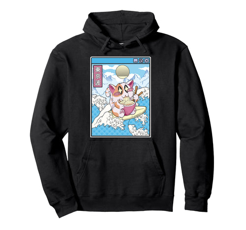 Surfing Cat Eating Ramen Japanese Hoodie - Minimalist Print Men Women - T-Shirt, Sweatshirt, Hoodie
