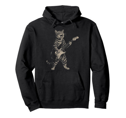 Cat Playing Guitar Boho 90S Music Lover Hoodie - Fun Novelty Design Unisex - T-Shirt, Sweatshirt, Hoodie