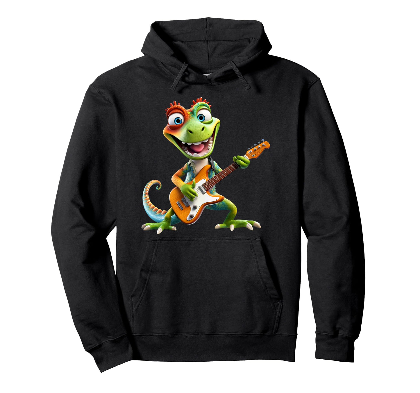 Cartoon Lizard Rocker Playing Hoodie - Fun Novelty Design Men Women - T-Shirt, Sweatshirt, Hoodie